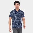 Men's Navy Blue Cotton Polo Neck Floral Printed T-Shirt, Navy Blue, small