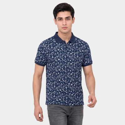Men's Navy Blue Cotton Polo Neck Floral Printed T-Shirt