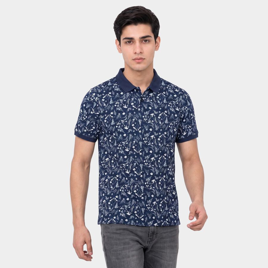 Men's Navy Blue Cotton Polo Neck Floral Printed T-Shirt, Navy Blue, large