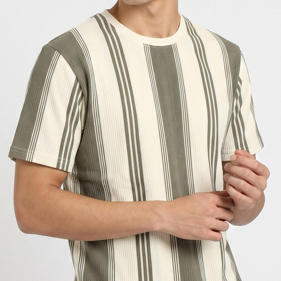 Men's Green Round Neck Striped Regular T-Shirt, हल्का हरा, large