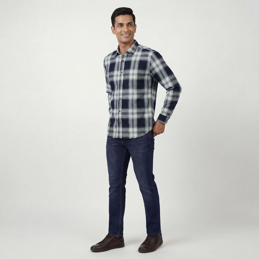 Men's Navy Blue Cotton Spread Collar Casual Shirt, नेवी ब्लू, large