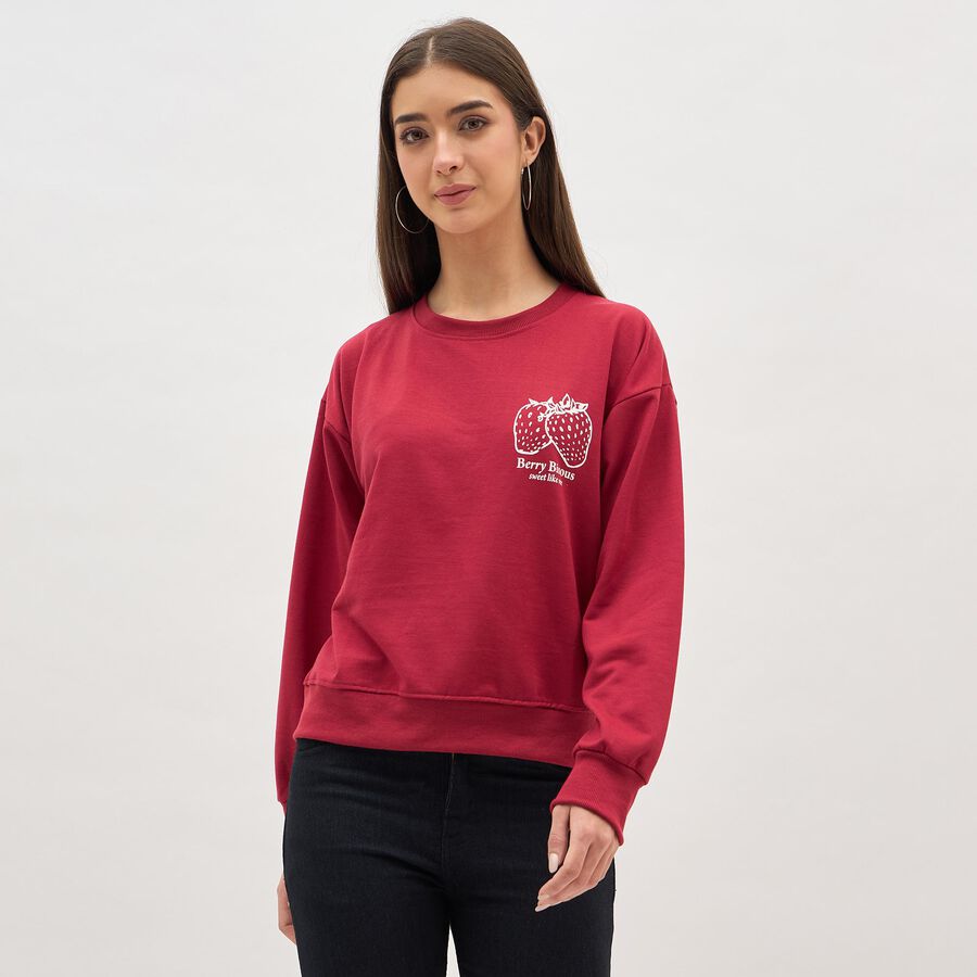 Women's Deep Cherry Red Crew Neck Casual Sweatshirt, Red, large image number null