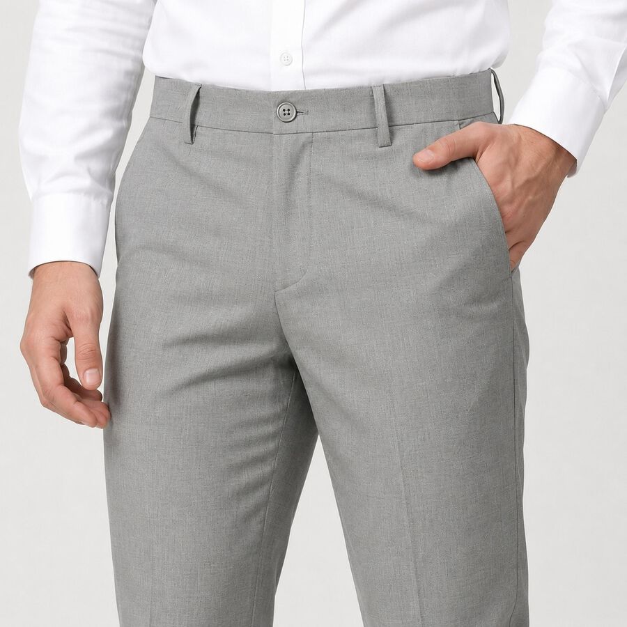 Men's Grey Slim Fit Flat-Front Formal Trousers, Light Grey, large