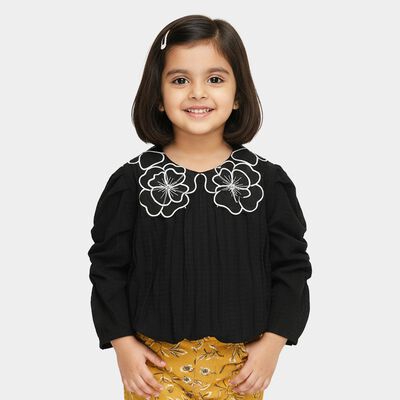 Girls' Black Round Neck Romantic T-Shirt