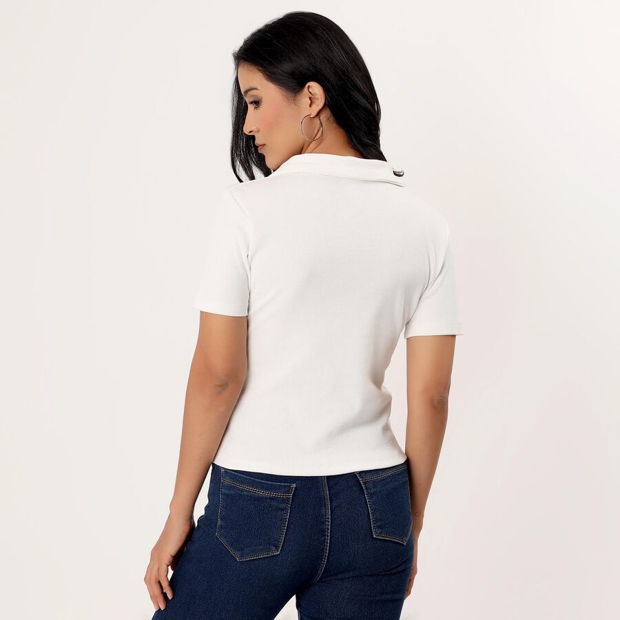 Women's White Cotton Mock Neck Minimalist Top, Off White, large