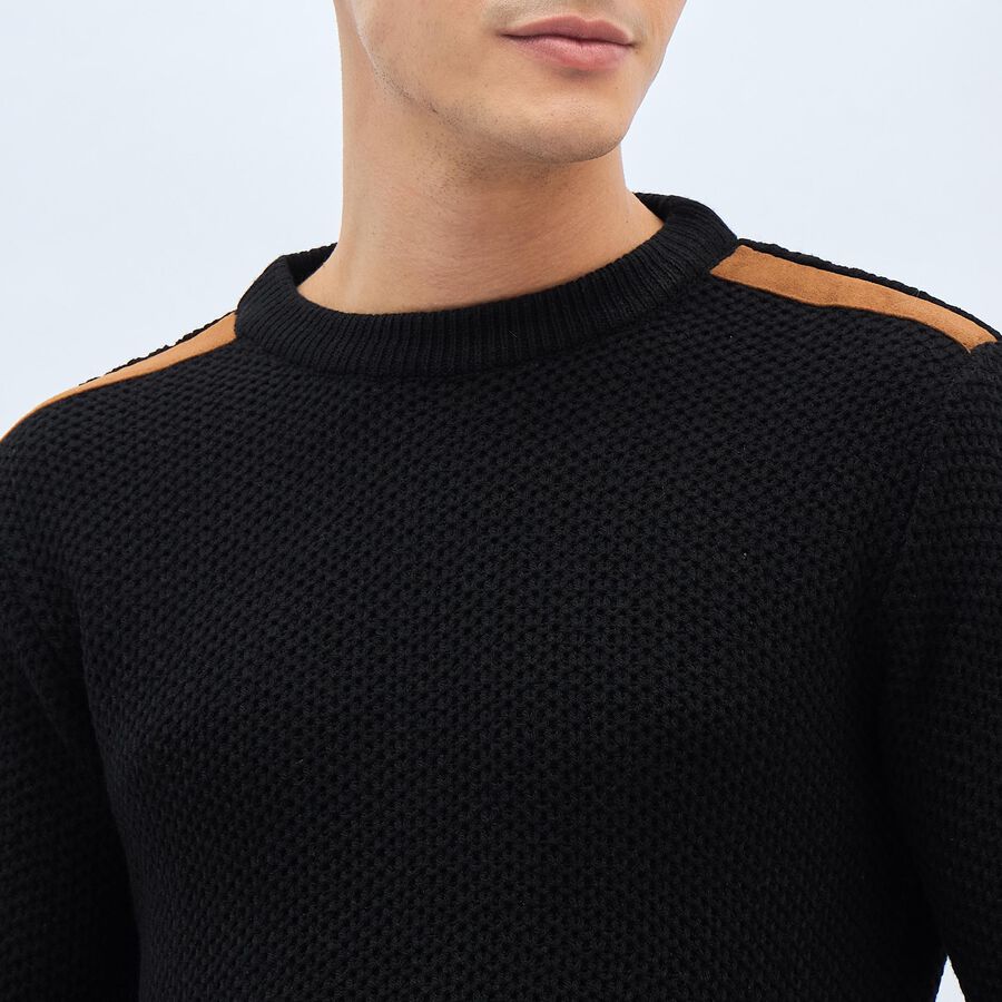 Men's Jet Black Crew Neck Casual Pullover, Black, large image number null