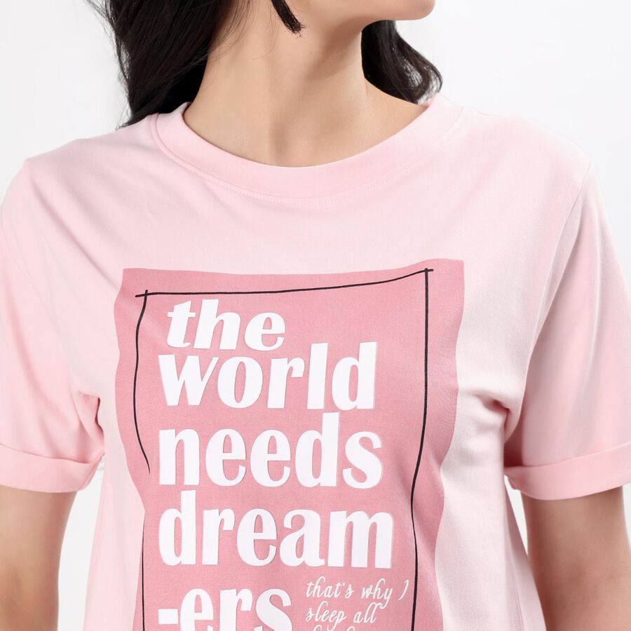 Women's Light Pink Round Neck Casual T-Shirt, गुलाबी, large