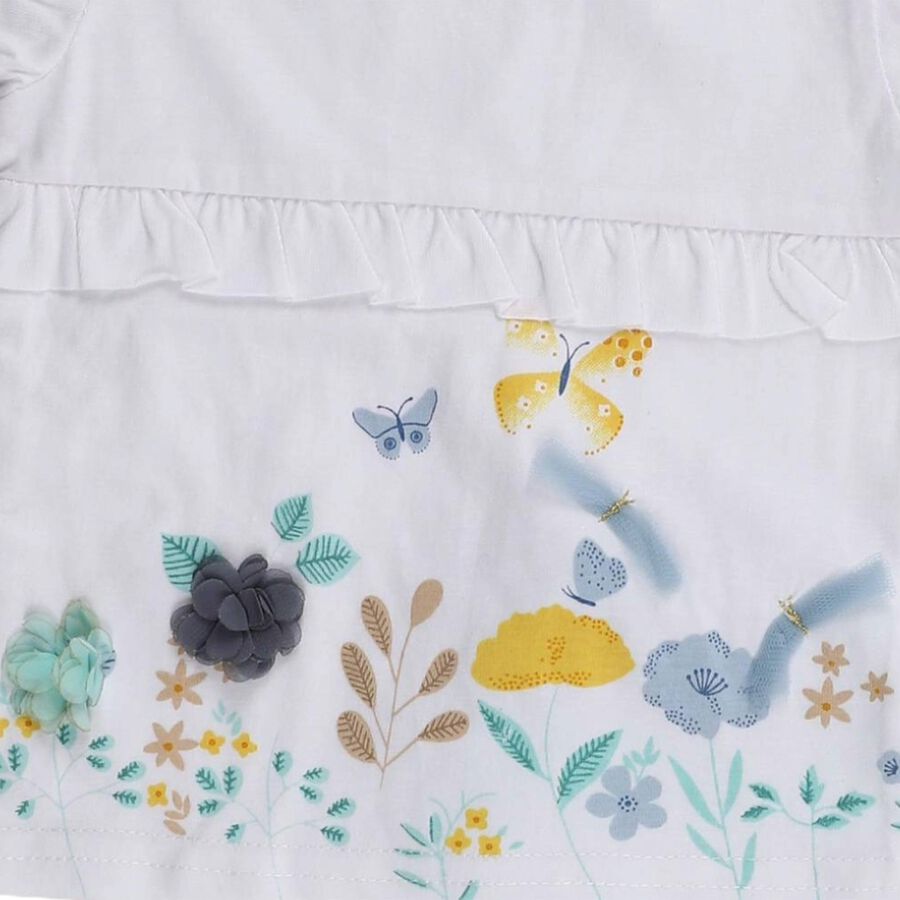 Infant Girl White Cotton Floral Top and Mint Green Shorts Set, एक्वा, large image number null