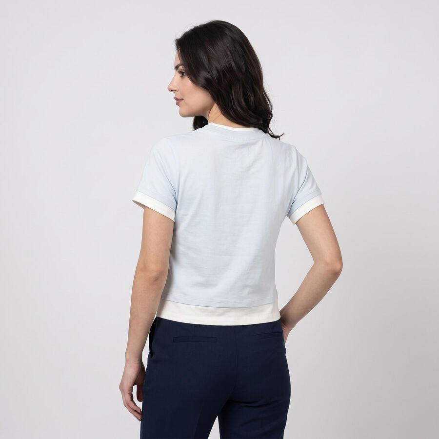 Women's Light Blue Cotton Blend Round Neck Crop Top, Light Blue, large