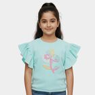 Girls' Mint Green Round Neck Graphic Printed Ruffle Sleeve T-Shirt, हल्का हरा, small