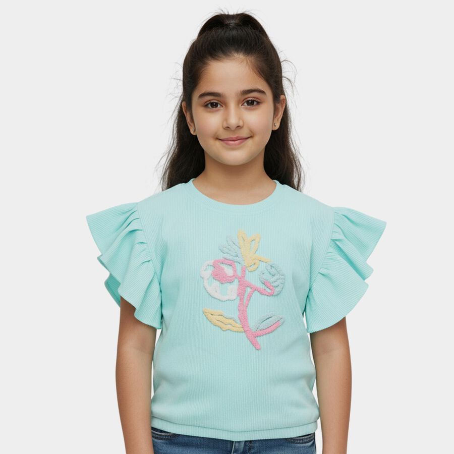 Girls' Mint Green Round Neck Graphic Printed Ruffle Sleeve T-Shirt, हल्का हरा, large