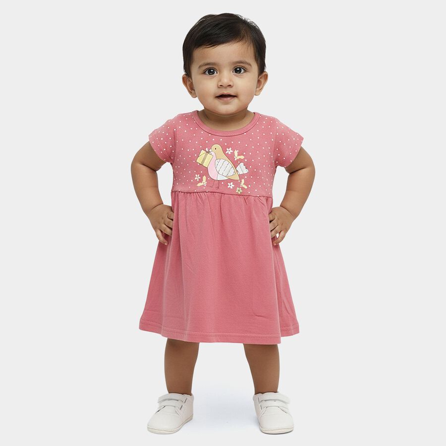Infants' Pink Regular Fit Peter Pan Collar Cotton Frock, Light Pink, large