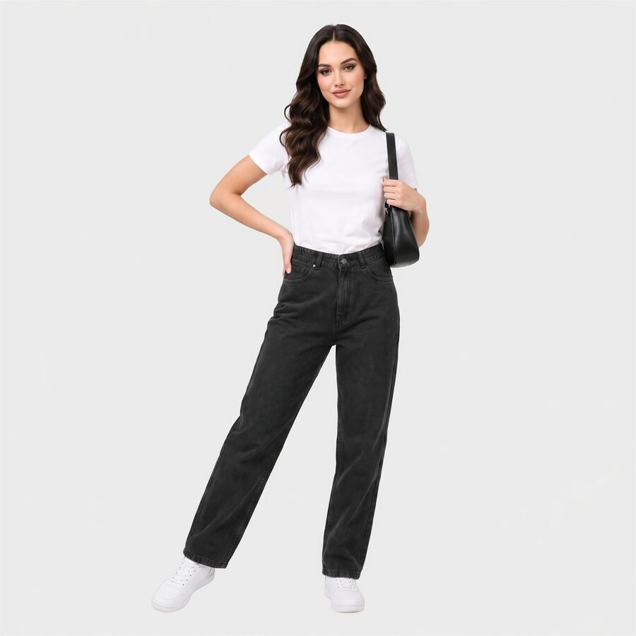 Women's Black Straight Fit Washed Jeans, Black, large
