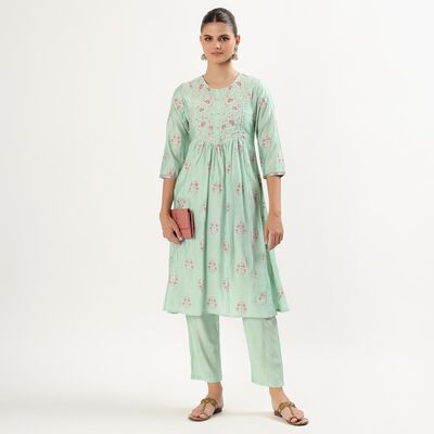 Women's Light Mint Green Embroidered Ethnic Set
