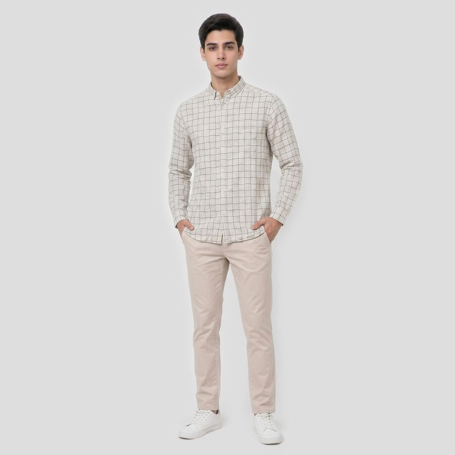 Men's Beige Cotton Long Sleeve Spread Collar Regular Fit Casual Shirt, Beige, large