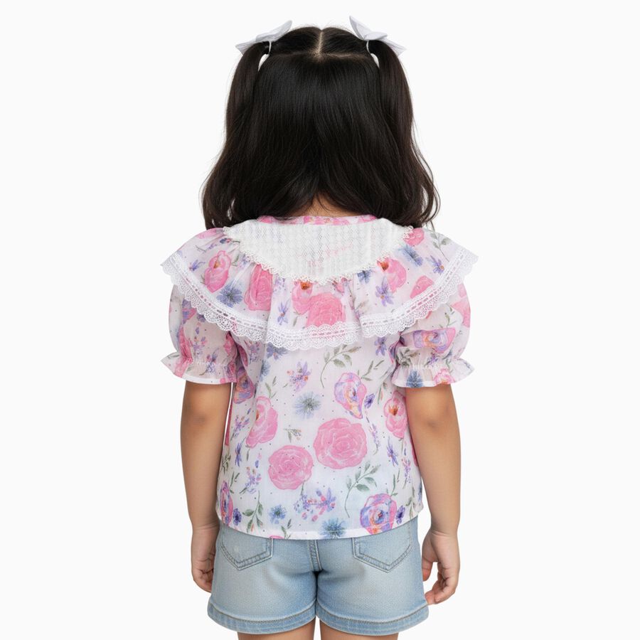 Girls White Round Neck Romantic Floral T-Shirt, ऑफ व्हाइट, large