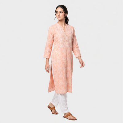 Women's Peach Cotton Round Neck Kurta