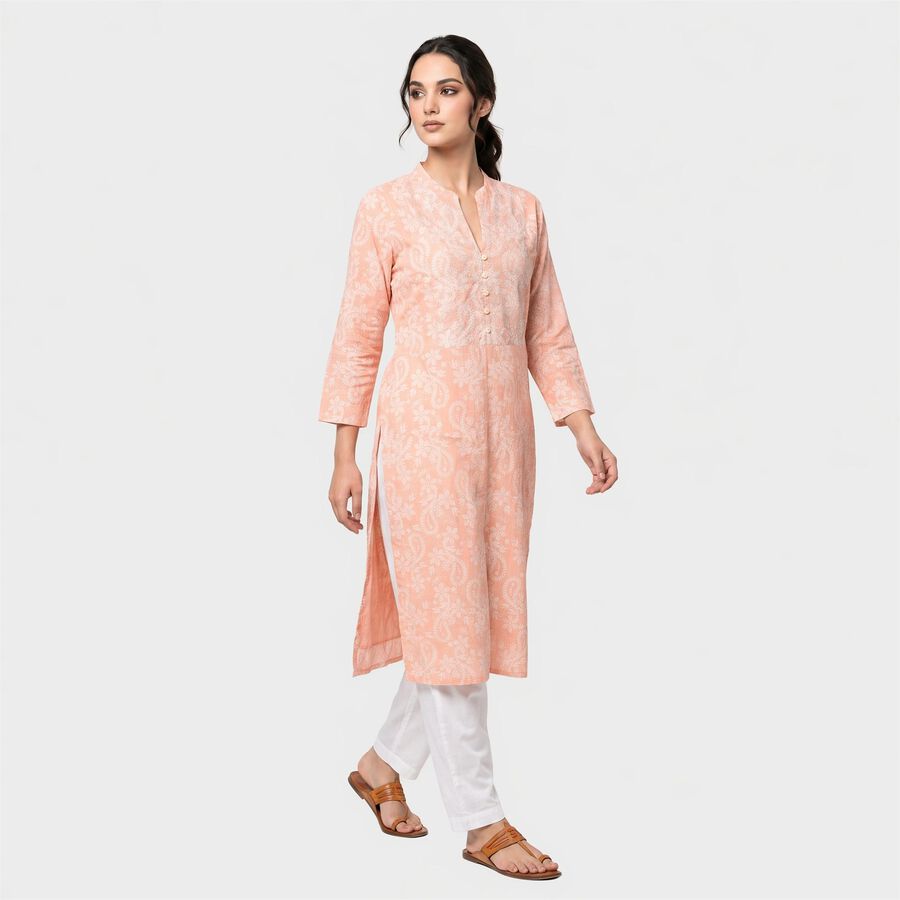 Women's Peach Cotton Round Neck Kurta, Peach, large
