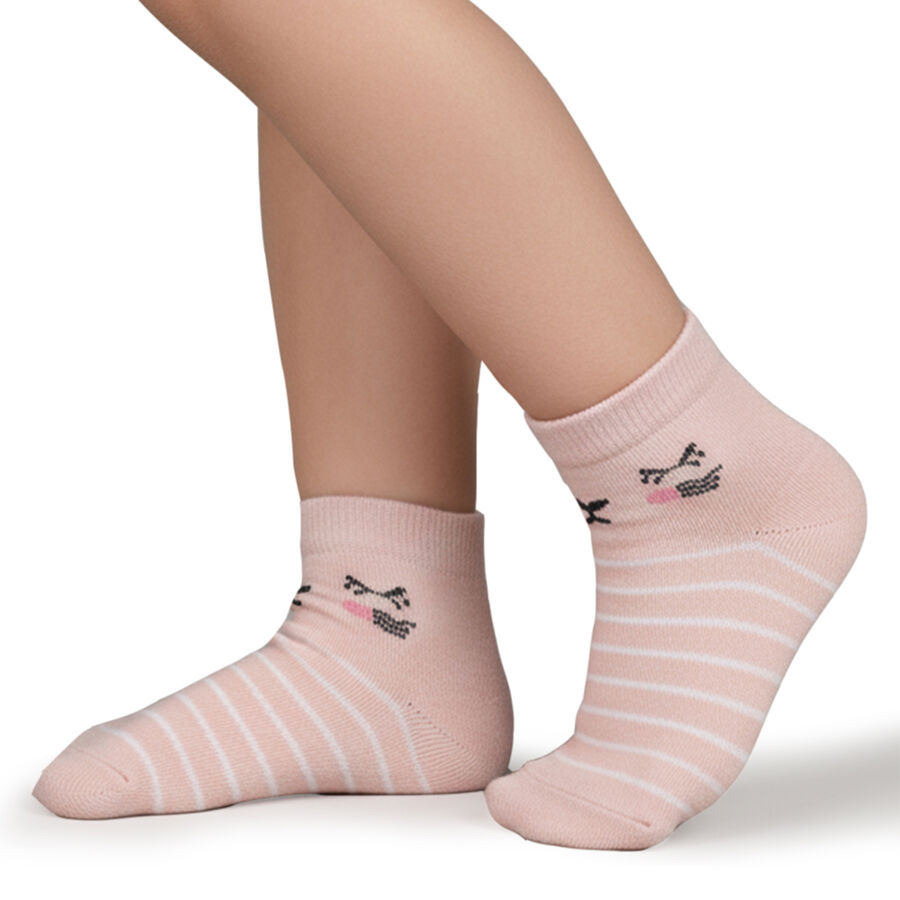 Girls' Soft Pink and White Regular Fit Cartoon Face Ankle Socks Pack of 2, हल्का गुलाबी, large