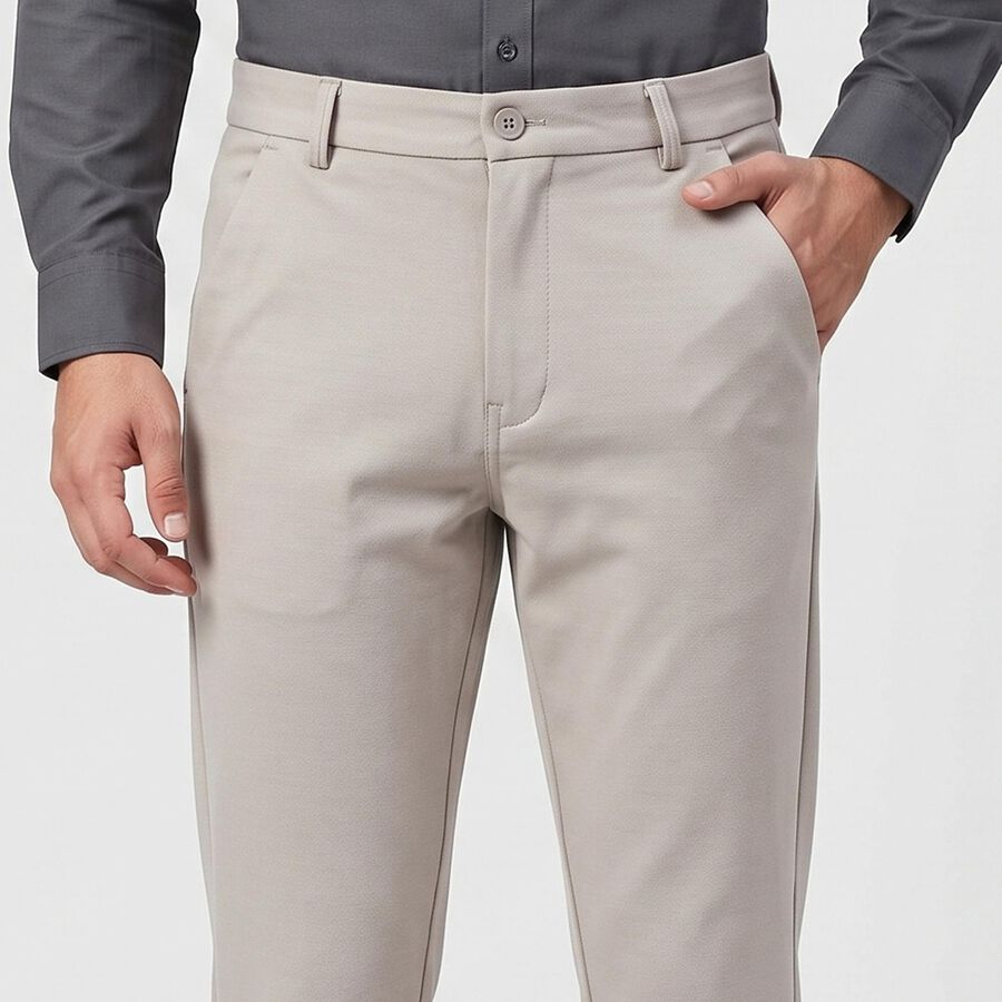 Men's Silver Slim Fit Flat-Front Casual Trousers, Silver, large