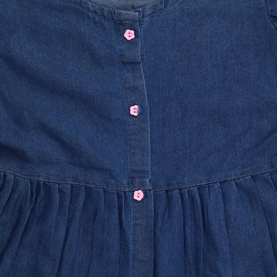 Girls' Blue Regular Fit Floral Printed Ribbon Bow Frock, Mid Blue, large