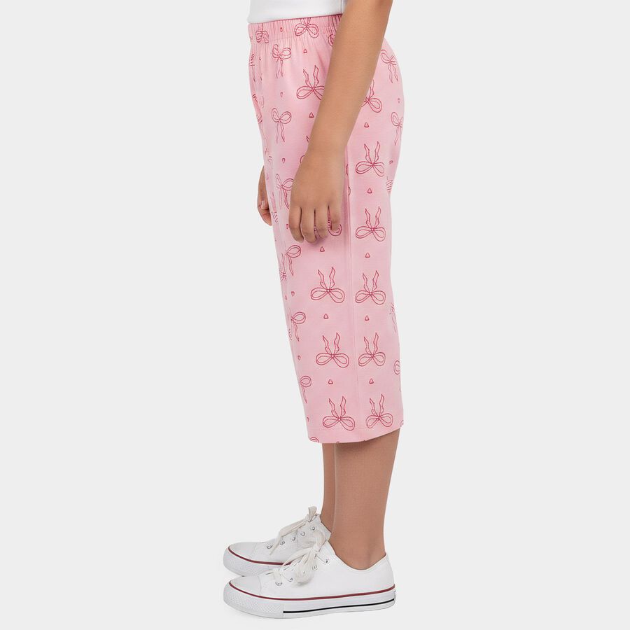 Girls Pink Wide Leg Printed Cotton Capri, गुलाबी, large