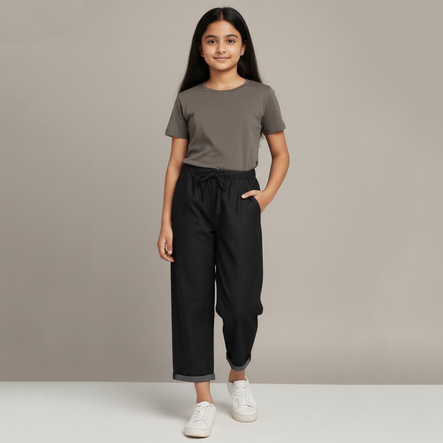 Girls Jet Black Loose Fit Elastic Waist Jeans, Black, large image number null