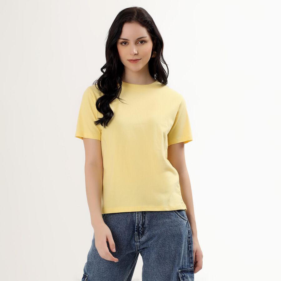Women's Light Yellow Cotton Round Neck Casual T-Shirt, Yellow, large