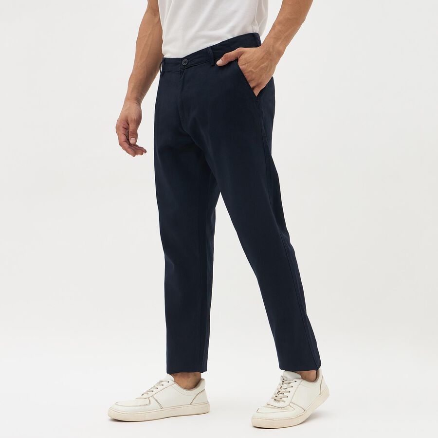 Men's Deep Navy Blue Slim Fit Cross Pocket Casual Trousers, Navy Blue, large image number null