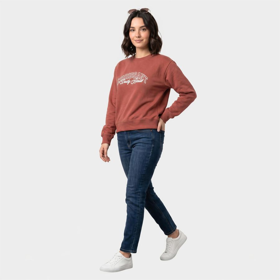 Women Pink Crew Neck Pullover Sweatshirt, Pink, large