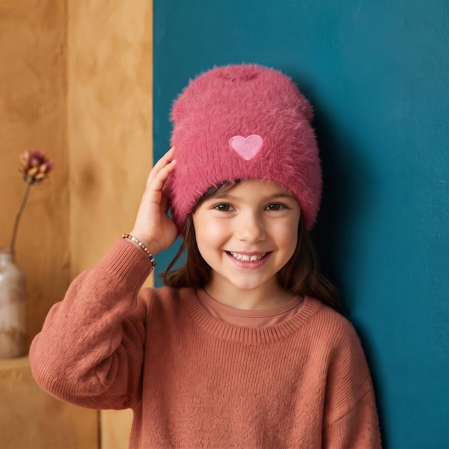 Girls' Purple Heart Detail Beanie Cap, बैंगनी, large