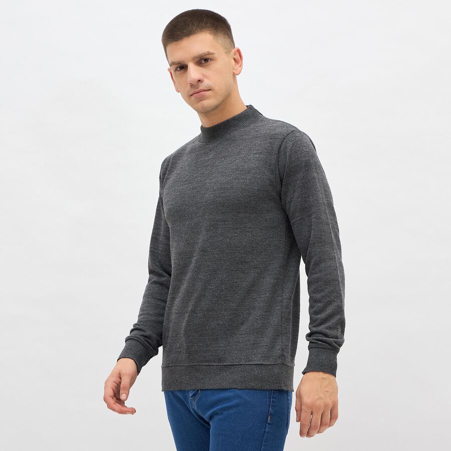 Men's Dark Charcoal High Neck Slim Fit Pullover, Charcoal, large image number null