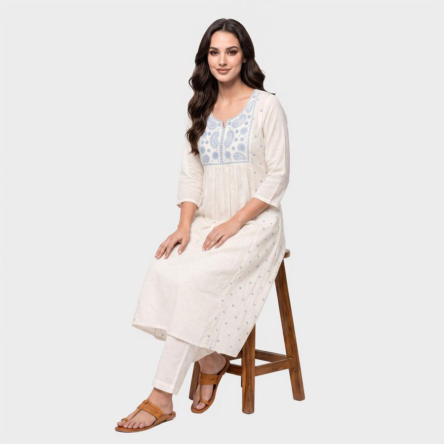 Women's Off White Cotton Notch Neck Embroidered Kurta, Off White, large
