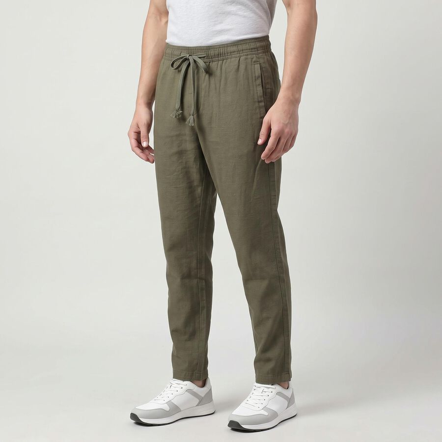 Men's Olive Green Slim Fit Drawstring Chino Trousers, ओलिव, large