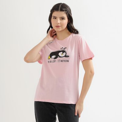Women's Light Pink Round Neck Graphic Print T-Shirt