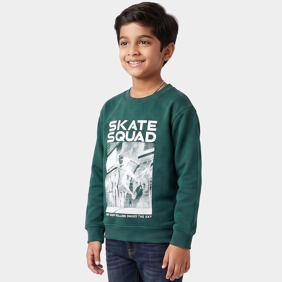 Boys' Green Crew Neck Pullover Sweatshirt, गहरा हरा, large