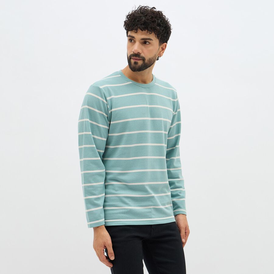 Men's Aqua Green Crew Neck Striped T-Shirt, Aqua, large image number null
