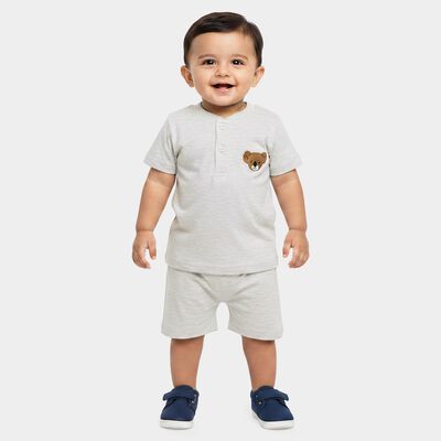Infants' Grey 100% Cotton Henley Neck Graphic Print Baba Suit