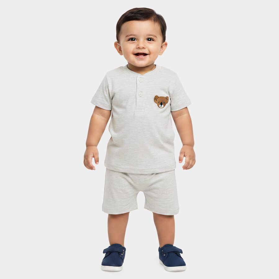 Infants' Grey 100% Cotton Henley Neck Graphic Print Baba Suit, Light Grey, large