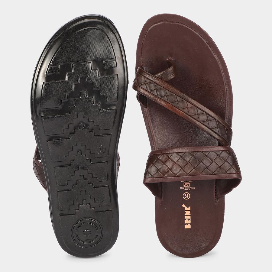 Men's Brown Strappy Slip-On Sandals, Brown, large
