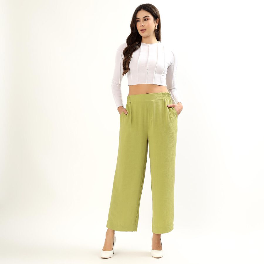 Women's Light Sage Green Relaxed Fit Wide-Leg Trousers, हल्का हरा, large