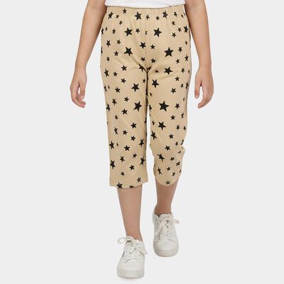 Girls Beige Straight Fit Star Printed Capri