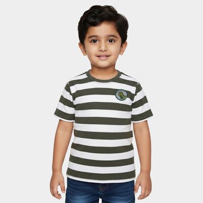 Boys' Olive Round Neck Striped T-Shirt
