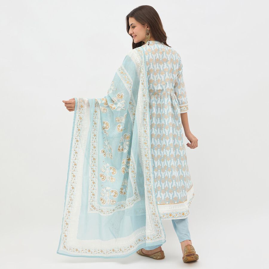 Women's Light Blue Cotton Round Neck Embroidered Kurta, Light Blue, large image number null