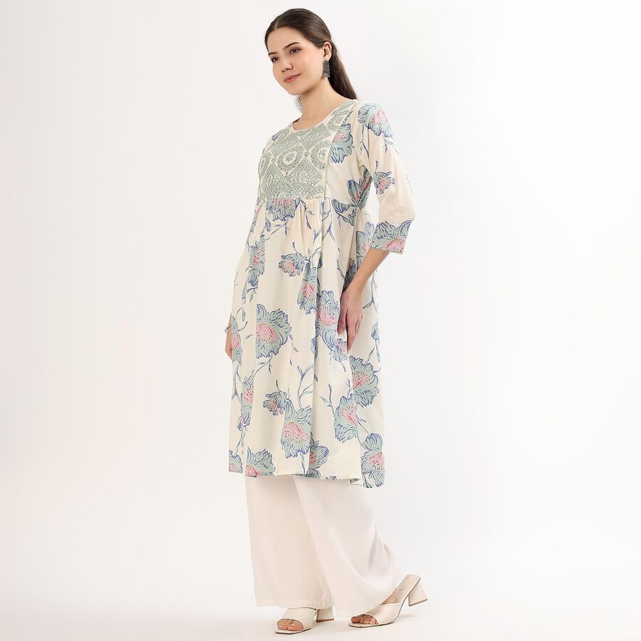 Women's Light Ivory Round Neck Mirror Work Floral Printed Kurta, हल्का नीला, large image number null