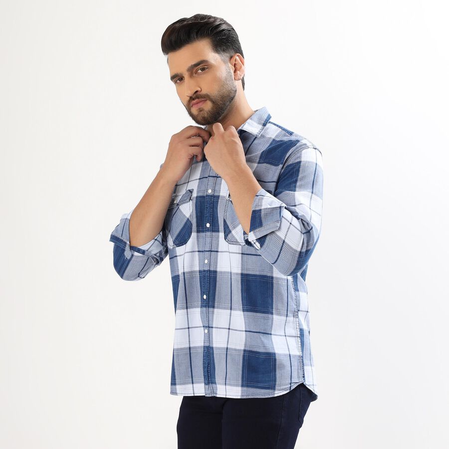 Men's Muted Steel Blue Cotton Spread Collar Casual Shirt, Mid Blue, large image number null