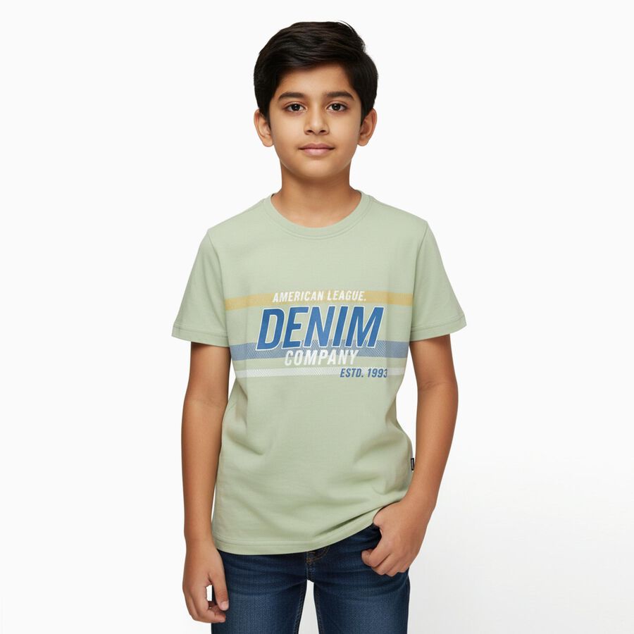 Boys Light Sage Green Round Neck Casual T-Shirt, हल्का हरा, large