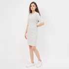 Women's Muted Beige Round Neck Metallic Dress, Beige, small