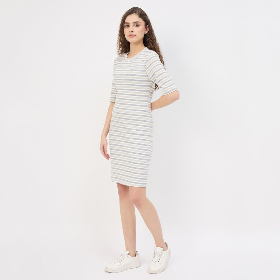 Women's Muted Beige Round Neck Metallic Dress, Beige, large