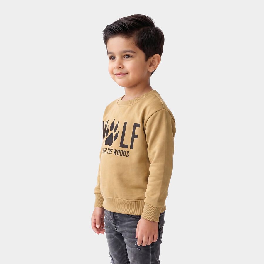 Boys' Beige Crew Neck Pullover Sweatshirt, गहरा पीला, large